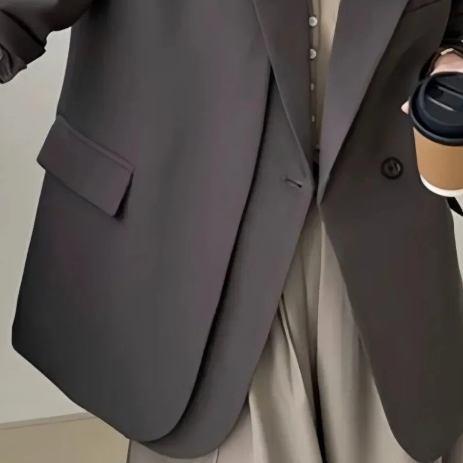 Spring Autumn Elegant Grey Women Blazer Jacket Long Sleeve Single Button Blazers for Women Office Loose Chic Women's Clothing