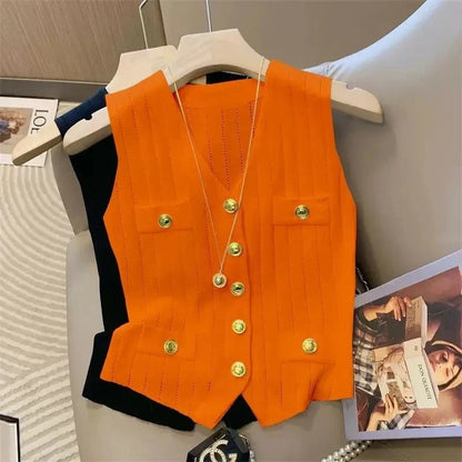 Fashion Women Knitted Vests Jacket Single Metal Button Design Sleeveless Tops 2025 New Spring Summer Casual Thin Sweater Female