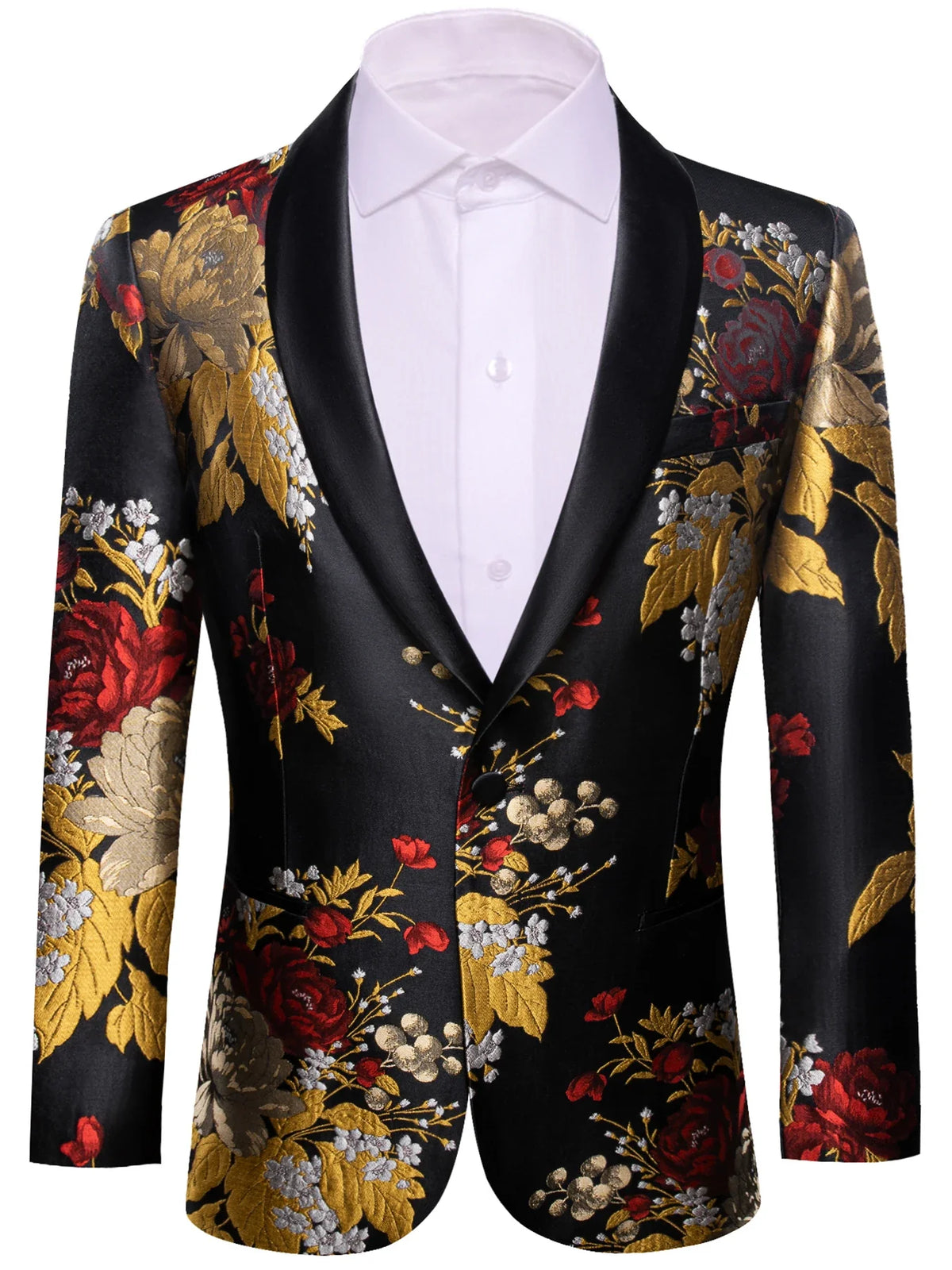 Men's Black Gold Red Floral Jacquard Shawl Lapel Blazer Single Breasted Tuxedo Jacket Suit Coat for Wedding Prom Party Outerwear