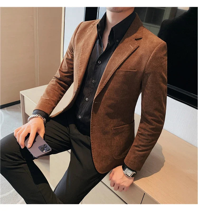 2023 Fashion Men's Corduroy Blazers Top Quality Business Casual Suit Jackets Slim Fit Wedding Groom Streetwear Social Dress Coat