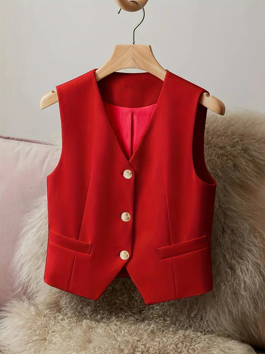 Elegant Women's Red Tailored Vest V-Neck Button-Front Sleeveless Waistcoat for Office & Casual Wear for Layering Spring And Summ