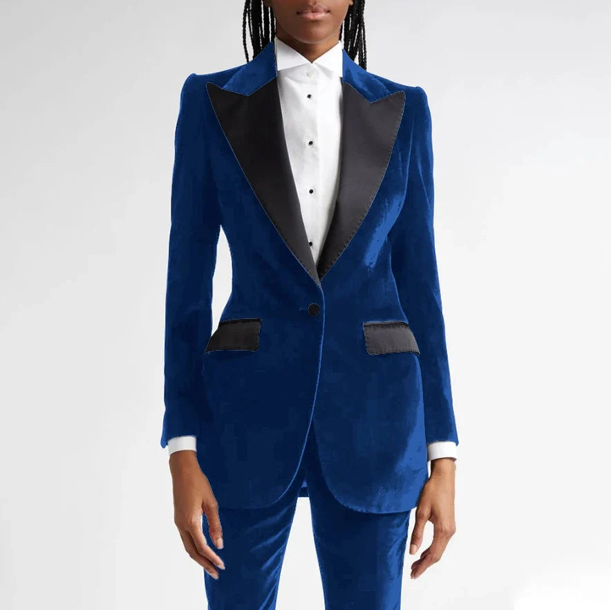 Black Flannel Women Suit Customized Single-grain Buckle Peaked Lapel Two Pieces(Jacket+Pants) Modern Business Office Lady Set