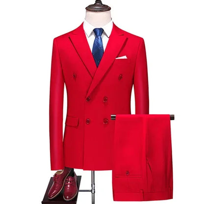 2 Pieces Fashion New Men's Business Double Breasted Solid Color Suit Coat Male Slim Fit Wedding Blazers Jacket Pants Trousers