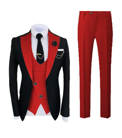 Mens Pant Suit Classic Contrast Flat Collar Blazer Jacket Slant-breasted Vest Trousers 3 Piece Set for Wedding Groom Groomsmen