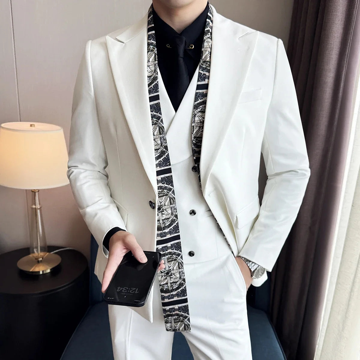 Scarf With Design Double Collar Suit Men's Business Casual Groom Wedding Slim Fit Suit Tuxedo 3-piece Set (Jacket+Vest+Pant)