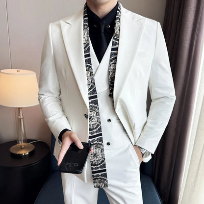 Scarf With Design Double Collar Suit Men's Business Casual Groom Wedding Slim Fit Suit Tuxedo 3-piece Set (Jacket+Vest+Pant)