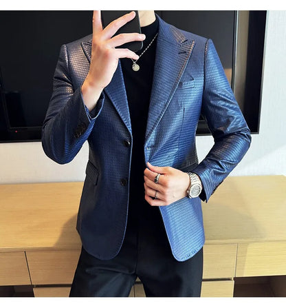 Korean Waffle Leather Suit Jacket Men's Business Casual PU Leather Blazer Slim Fit Wedding Groom Office Social Formal Coats 2026