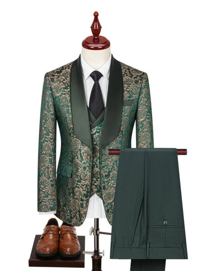New Men's Jacquard Suit Set 3 Pieces Banquet Party Wear Chic Formal Shawl Lapel Suits For Men Classy Handsome Tuxedo XS-4XL