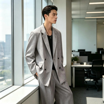 Men's Linen Double Breasted Suit – Slim Fit 2-Piece Blazer & Straight Leg Pants for Summer Weddings & Business