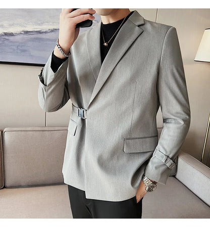 Men's Slim Fit Blazer Metal Buckle Decoration Smart Casual Wedding Party Jacket