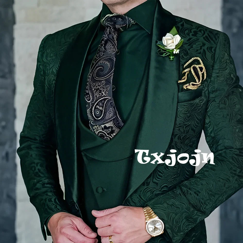 Exquisite jacquard Men's 3-piece Suits Wedding Groom Sets Handsome Shawl Lapel Suit Set Dancing Wear Formal Tuxedo For Business