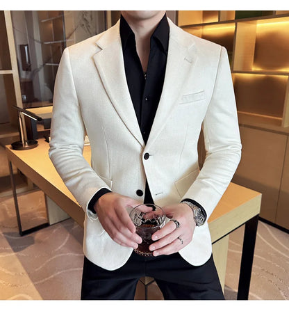Vintage Suede Line Bronzing Striped Suit Coats 2025 Autumn New High Quality Men Slim Business Social Formal Suit Coats Tailcoat