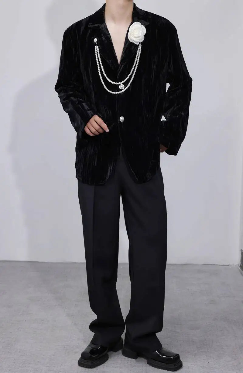 Luxury Elegant Handsome Blazer Coat Men's Original Niche Three-dimensional Pearl Chain Stylish Solid Color Jacket JY4431