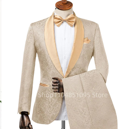 Elegant 2 Piece Jacquard Men Wedding Suits Shawl Lapel Blazer Pants Set Slim Fit Groom Tuxedos Costume Homme For Party Prom