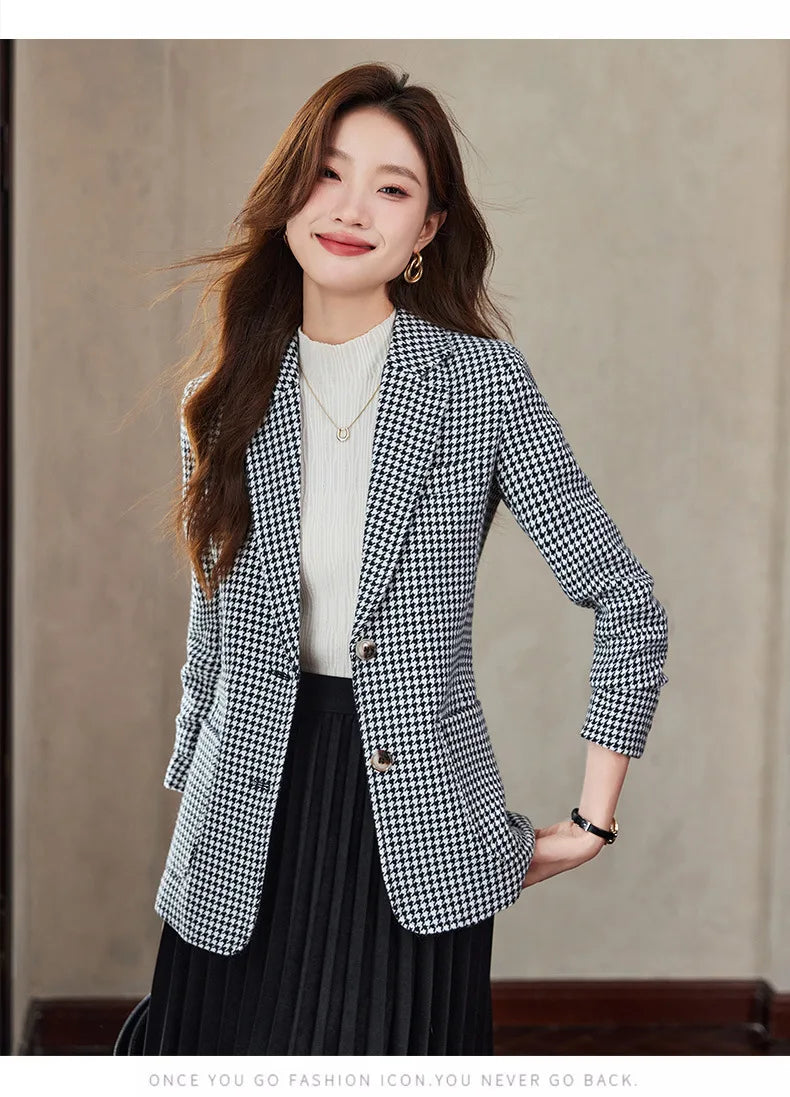 Women Office Ladies Single Breasted Slim Blazer Coat Autumn Winter Fashion Plaid Temperament Long Sleeved Elegant Tops Vacation