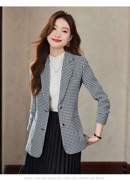 Women Office Ladies Single Breasted Slim Blazer Coat Autumn Winter Fashion Plaid Temperament Long Sleeved Elegant Tops Vacation