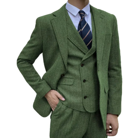 Men Suit 3 Pieces Green Herringbone Double Button For Wedding Banquet Party Business Work Casual Daily Jacket Vest With Pants ﻿