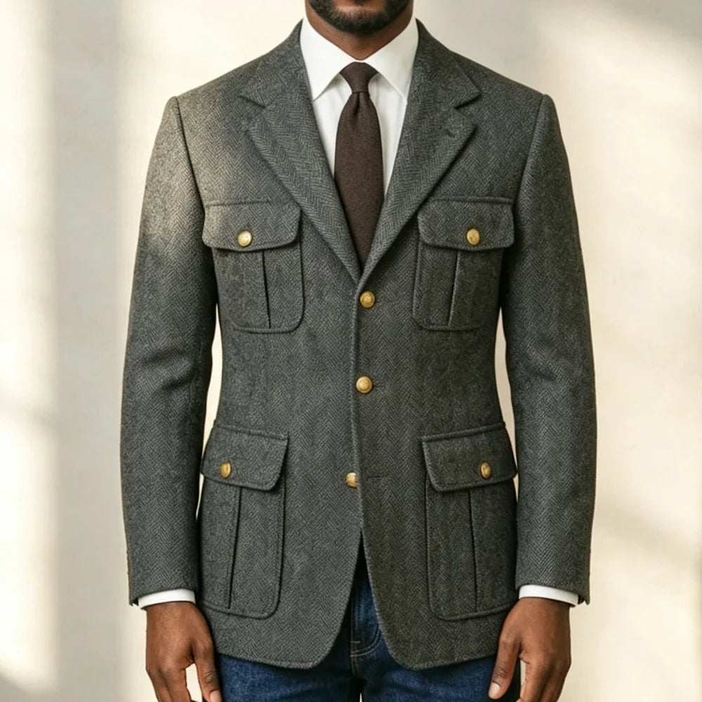 Mens Grey Herringbone Woollen Safari Suit Jacket 1 Piece Single Breasted Wedding Blazer Prom Banquet Formal Gentleman Outerwear