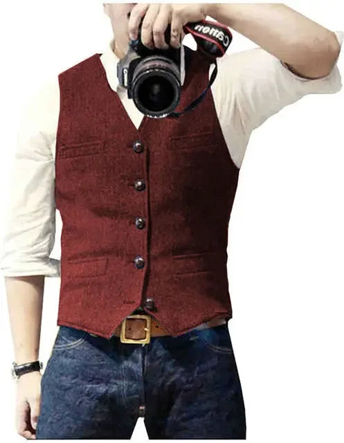 Men's Waistcoat Herringbone Wool Blend V-Neck Single Breasted Vest for Weddings and Smart Casual