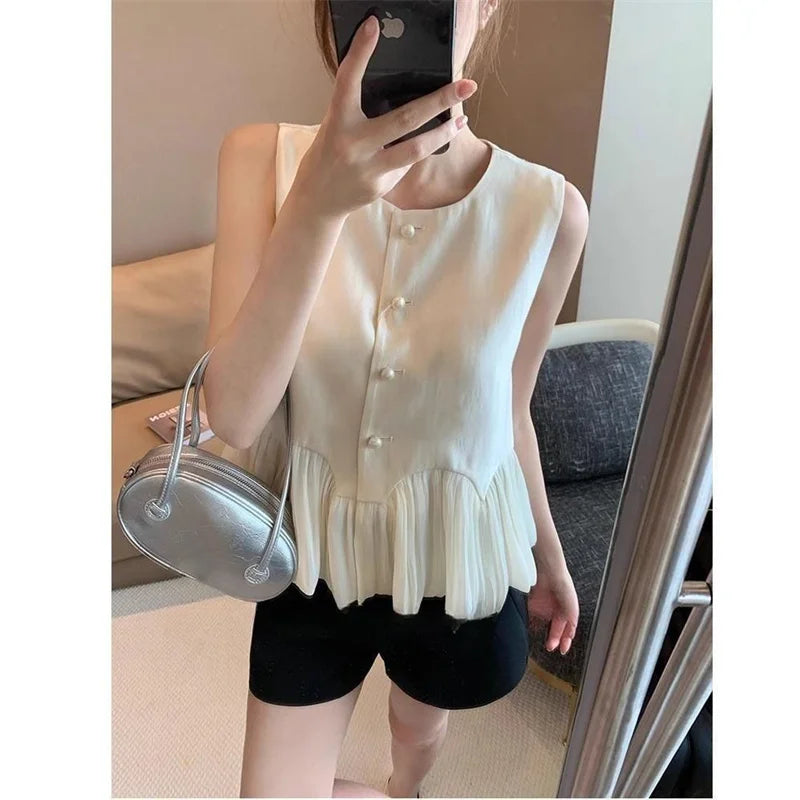 Spring Lady Lotus Leaf Edge Sleeveless T-shirt Summer Women Fashion Patchwork Waistcoat French Femme Round Neck Pearl Satin Vest