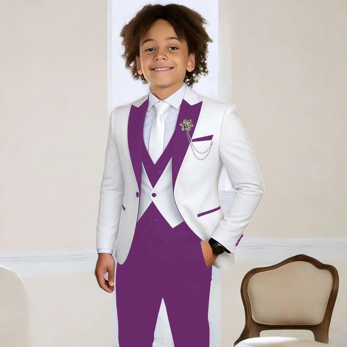White Suit for Boys Fashion Formal Flower Boys Wedding Tuxedos 3-Piece Set (Jacket Pants Vest) Party Slim Fit Suit Kids Clothes