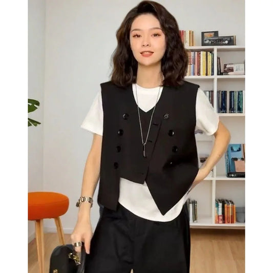 New Design Irregular Double Breasted Black Suit Vest For Women Korean Sleeveless Jacket Female Thin Lined Blazer Waistcoat Coat