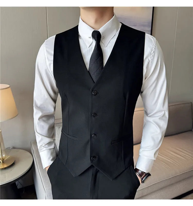 Men's 3 Piece Suit Set Double‑Button Solid Color Slim Fit Business Casual Wedding Banquet Party Jacket Vest Pants Formal Outfit