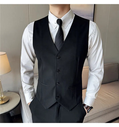 Men's 3 Piece Suit Set Double‑Button Solid Color Slim Fit Business Casual Wedding Banquet Party Jacket Vest Pants Formal Outfit