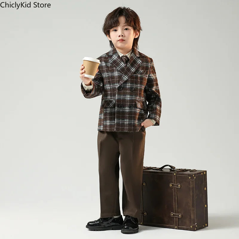 Boys British Double Breasted Blazer Jacket Pants Children Suit Waistcoat Wedding Clothes Sets Toddler Formal Dress Kids Tuxedos
