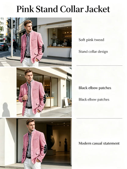 Men's Herringbone Tweed Blazer With Elbow Patches Retro Stand Collar Jacket Slim Fit Daily Party Business Casual Sport Coat ﻿
