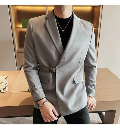 Men's Slim Fit Blazer Metal Buckle Decoration Smart Casual Wedding Party Jacket