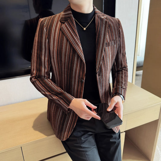 High Quality Plush Striped Fashion casual Suit Jacket Autumn Winter New Men Slim Fit Business Formal Social Prom Party Tuxedos