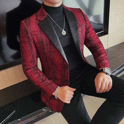 British Style Woven Suit Jacket Men Fashion Plaid Casual Business Blazer Gentleman Versatile Banquet Party Groom Wedding Coats
