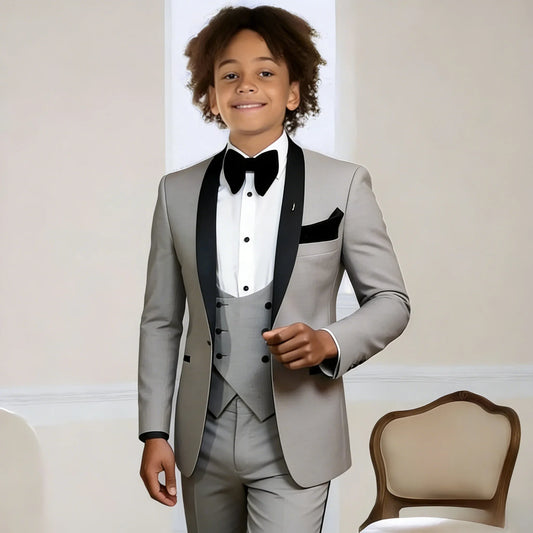 Light Grey Boys Suit 3 Pieces Wedding Tuxedo for Kids Jacket Pants Vest Shawl Lapel Child 2-16 Years Old Customized Outfit