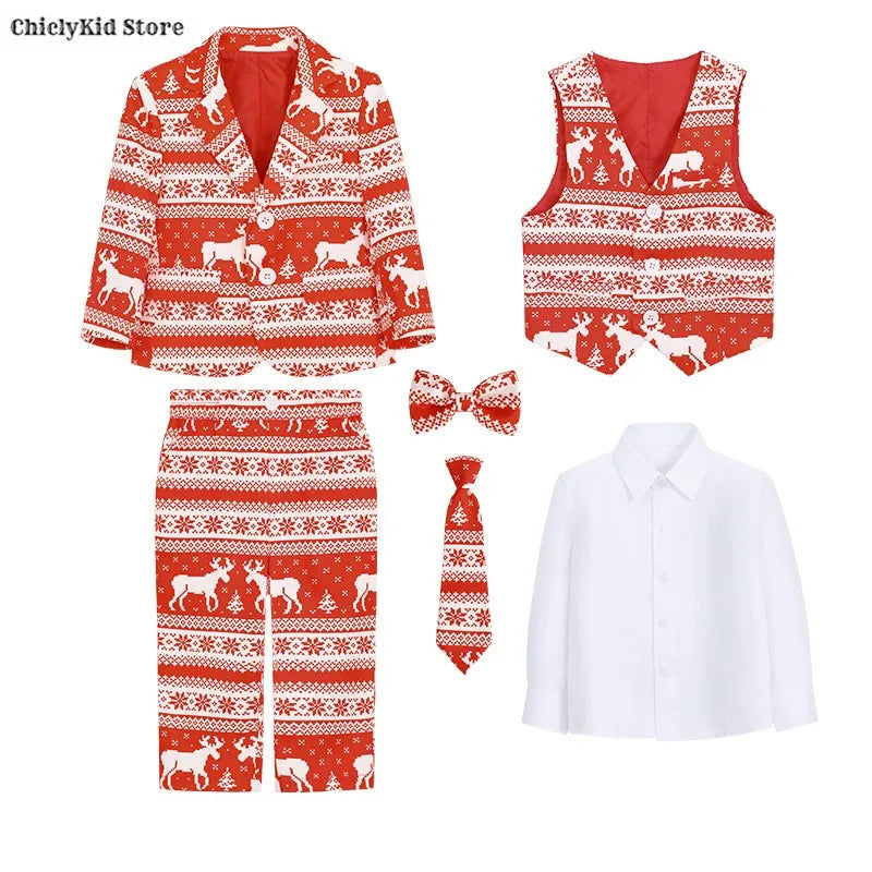 Boys Christmas Blazer Jacket Waistcoat Pants Wedding Suits Kids Morning Coat Formal Dress Children Tuxedos Toddler Clothes Sets