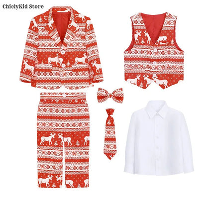 Boys Christmas Blazer Jacket Waistcoat Pants Wedding Suits Kids Morning Coat Formal Dress Children Tuxedos Toddler Clothes Sets