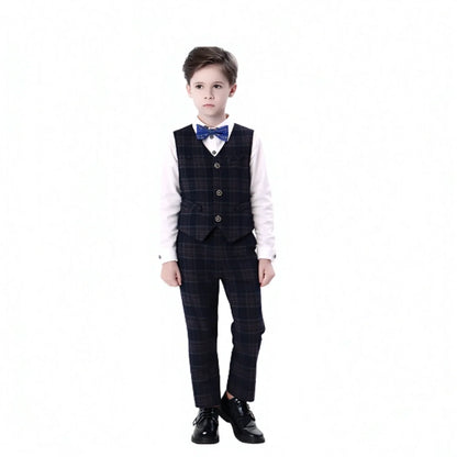 kids Gray Plaid Suit Set Flower Boys Wedding Outfit Children's 4Pieces Formal Wear With Jacket Vest Pants Bowtie