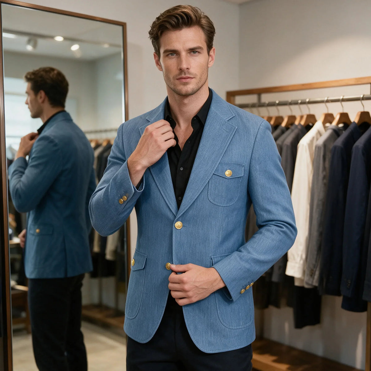 Men's Denim Suit Jacket Classic Notched Lapel Slim Fit Gold Buttons Multiple Pockets Formal Blazer Business Casual Daily Wear