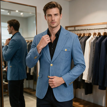 Men's Denim Suit Jacket Classic Notched Lapel Slim Fit Gold Buttons Multiple Pockets Formal Blazer Business Casual Daily Wear