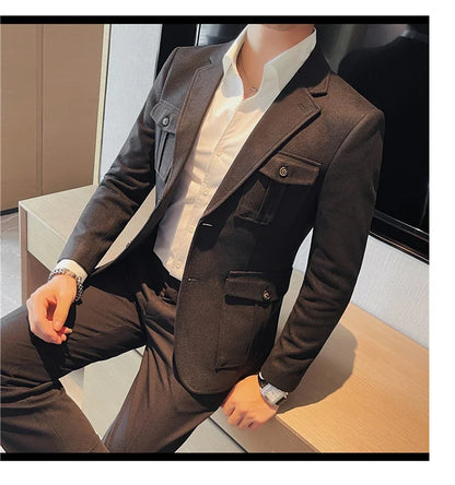 Winter Woolen Suit Jacket for Men Multiple Pockets Slim Fit Casual Business Blazers Masculino Wedding Streetwear Social Coats