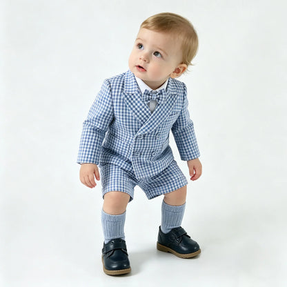 Toddler Baby Boy Checked Formal Suit Set 3 Pcs  Blazer Suspender Short Infant Gentleman Clothes For Wedding Birthday Photography