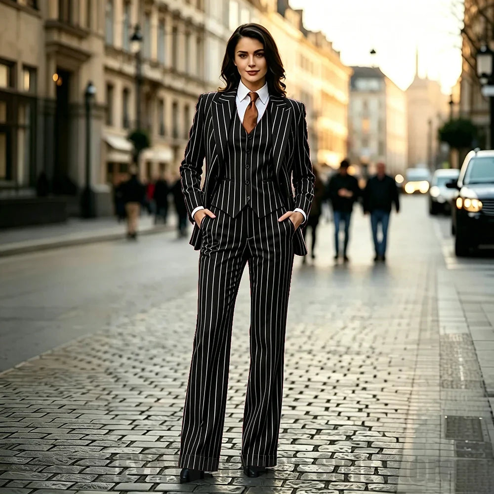 Chic Women Striped Suit 3 Piece Fashion Peak Lapel One Button Outfit Formal Office Work Casual Suits (Blazer+Vest+Pants)