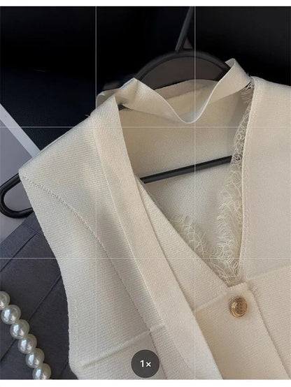 Female Light luxury Waistcoat Tops Korean Ladies Fashion Solid Color Vest Coat Summer Women Lace V-neck Ribbon Knit Sleeveless