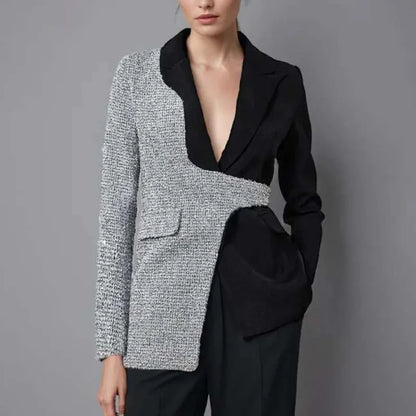 2026 Spring Autumn New Women Blazer Color Block Patchwork Asymmetrical Temperament Office Lady High-end Trend Jacket HK3107