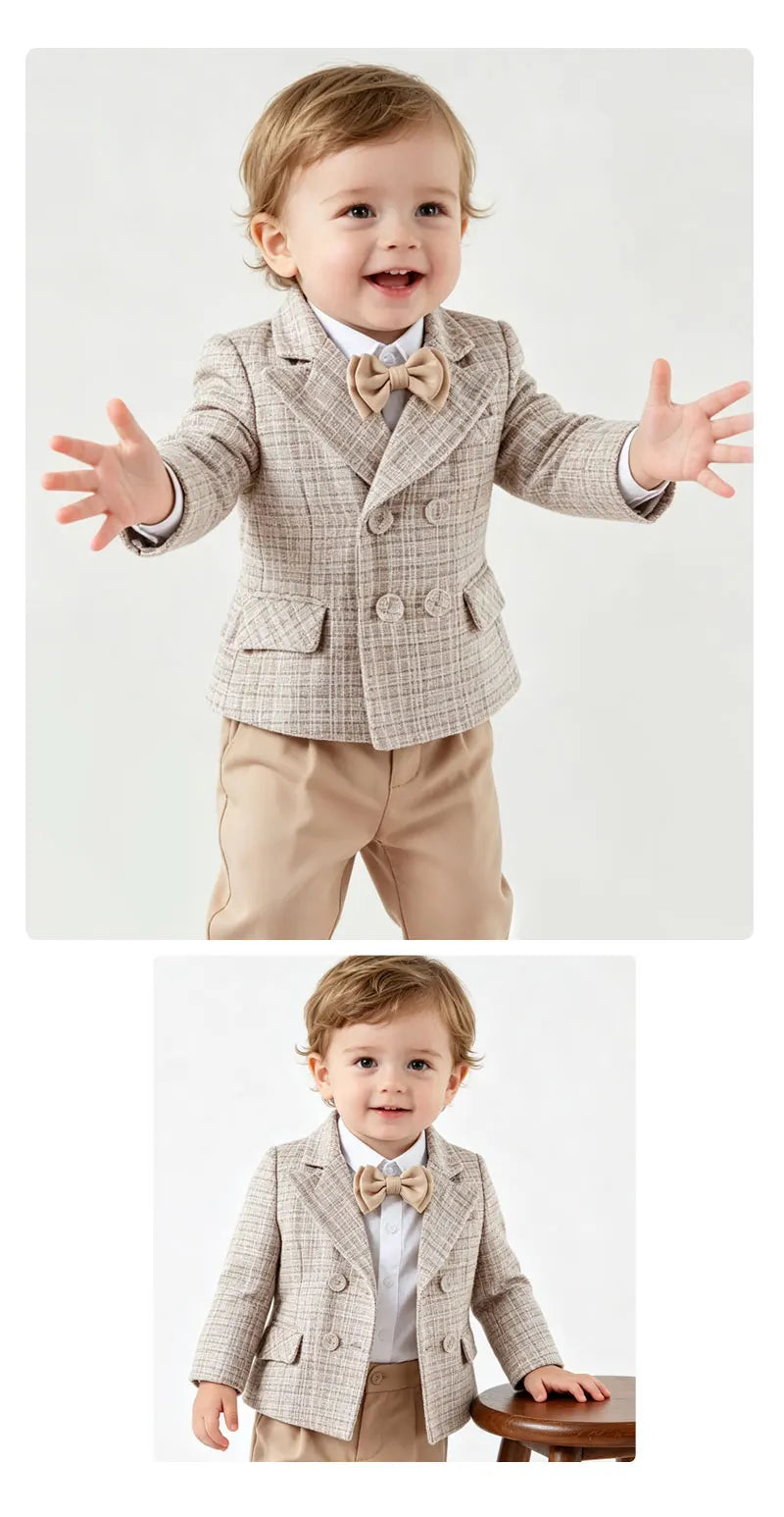 Baby Boys Gentleman Tweed Suit Set Kids Flower Boy Wedding Formal Wear Double Breasted Blazer Khaki Pants Bow Tie Birthday Party