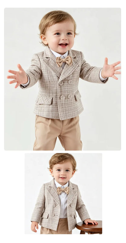 Baby Boys Gentleman Tweed Suit Set Kids Flower Boy Wedding Formal Wear Double Breasted Blazer Khaki Pants Bow Tie Birthday Party