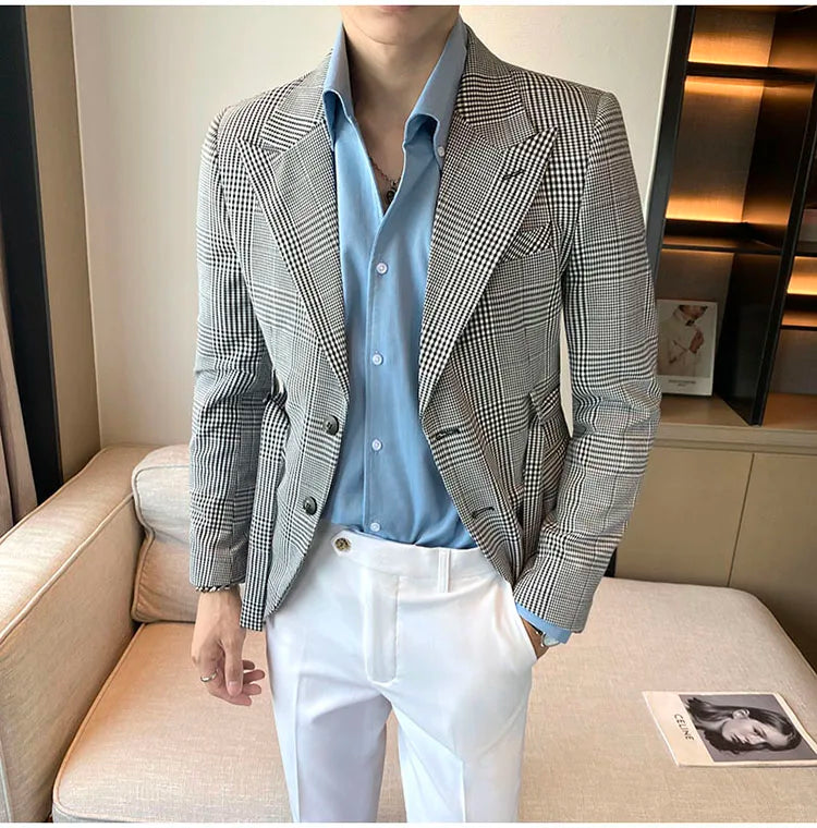 2025 Autumn Winter Classic Checkered Suit Jacket for Men Belt Decoration Slim Fit Casual Business Blazers Social Party Jacket