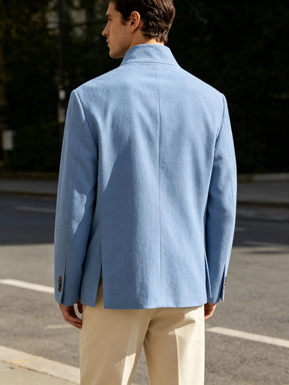  Mandarin Collar Men‘s Blazer Linen Blend Chinese Stand Collar Men Jacket Asymmetric Button Breathable Men Coat Wedding Party