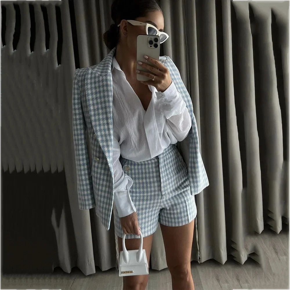 High End Women's Suit Set Stylish Look Peak Lapel Blazer Shorts Elegant Lady Plaid Outfit Daily Club Party Casual Streetwear