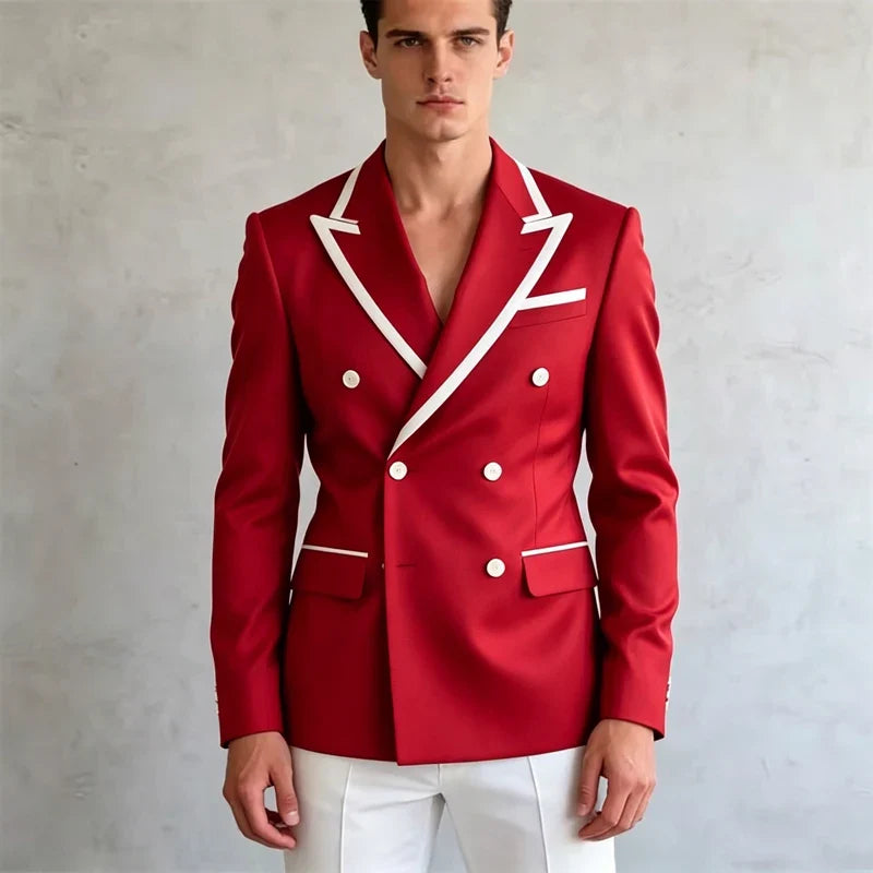 Double Breasted Slim Fit Blazer – Men's Formal Suit Jacket with White Contrast Piping